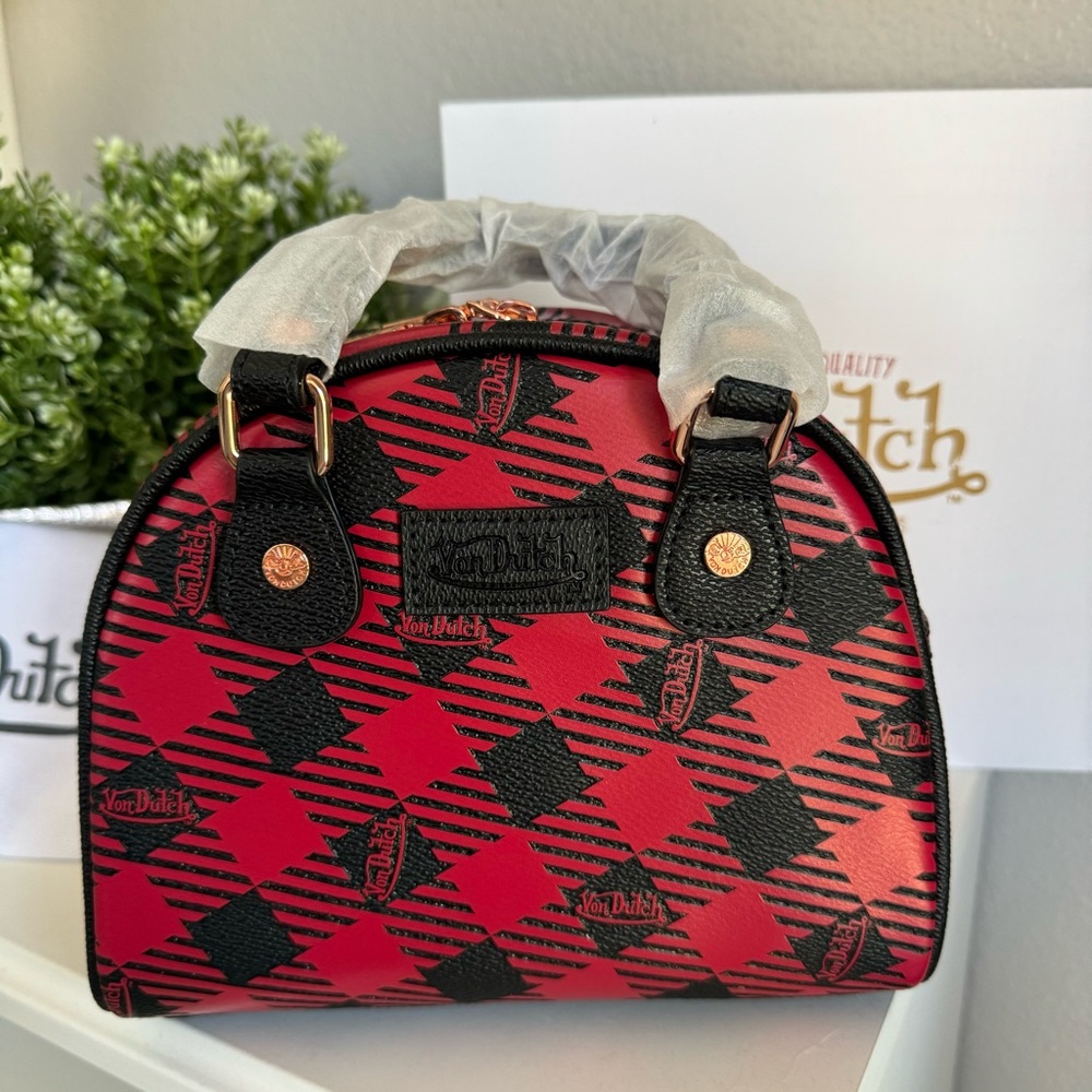 NWT Von Dutch Red and Black Plaid Bowling Crossbody Bag Y2K Retro - Picture 3 of 9